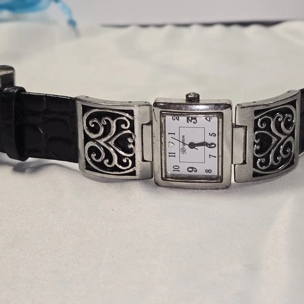 Brighton Silver and Black‎ Terressa Heart Motif Black Italian Leather Band Watch